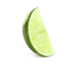 Slice of fresh ripe lime on white background