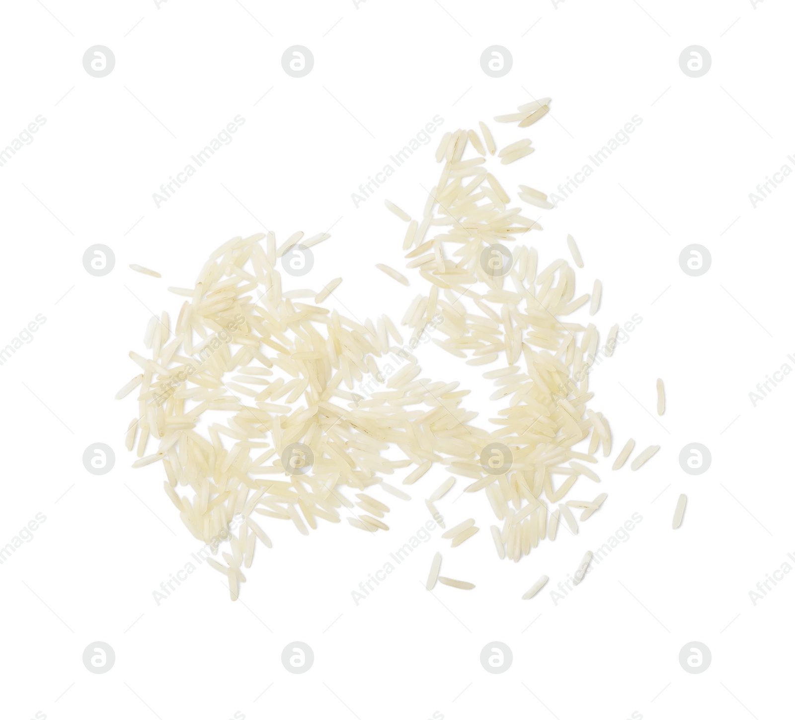 Photo of Raw rice isolated on white, top view