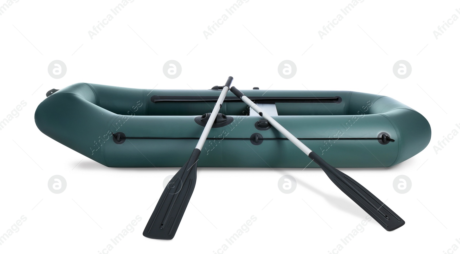 Photo of Inflatable rubber fishing boat with aluminium oars and seat isolated on white