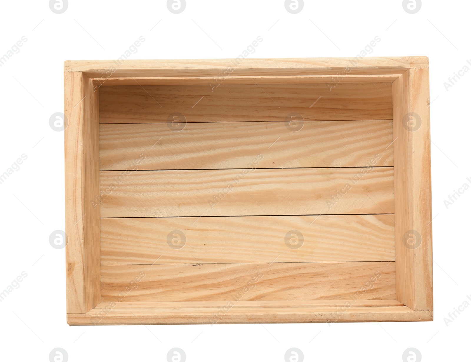 Photo of Empty wooden crate on white background, top view