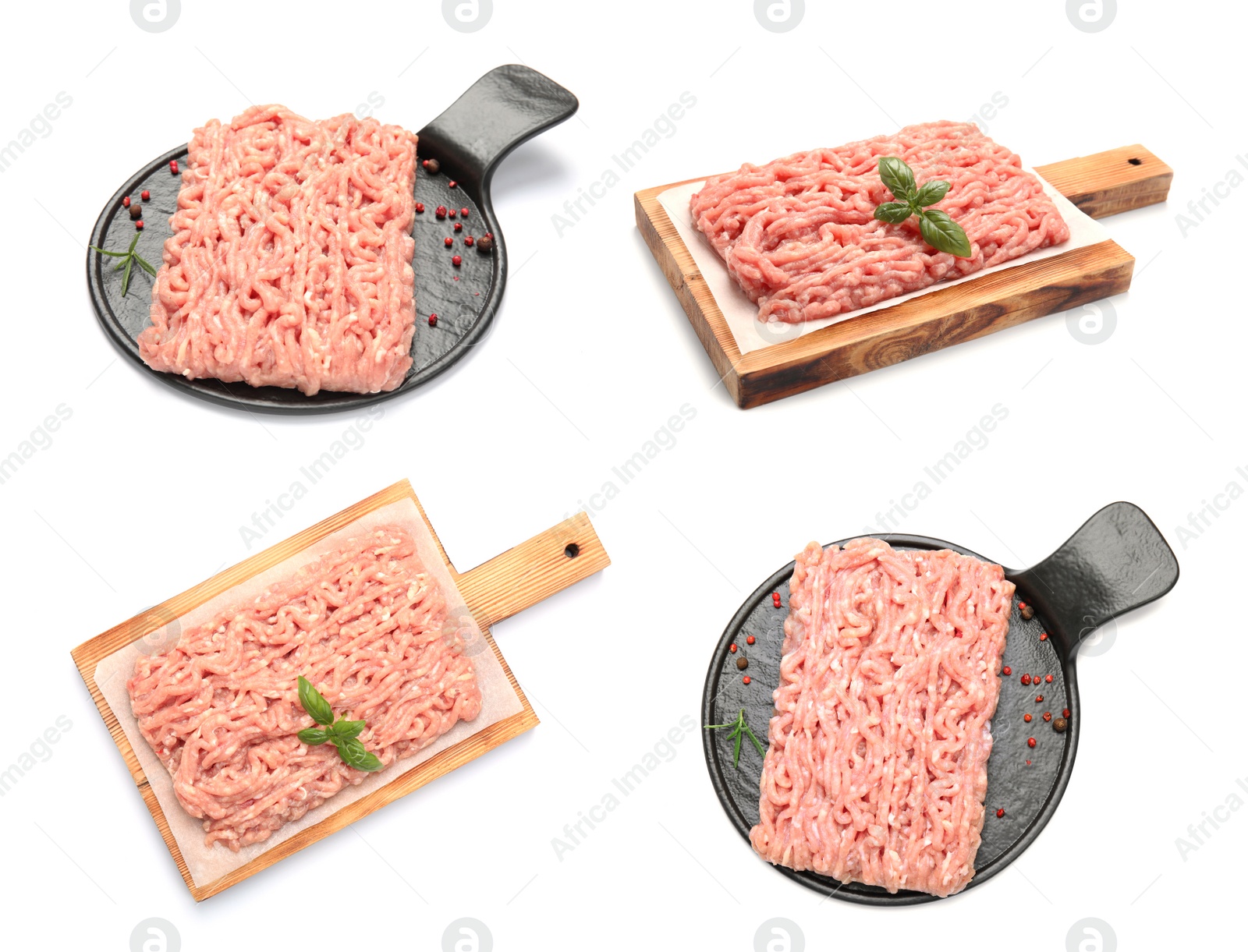 Image of Set with fresh raw chicken minced meat on white background 