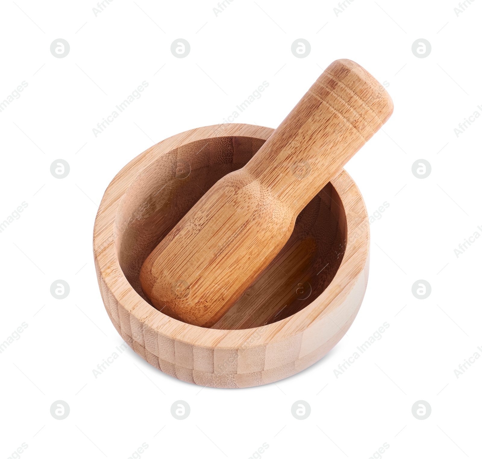 Photo of Wooden mortar and pestle on white background