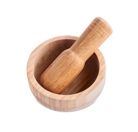 Photo of Wooden mortar and pestle on white background