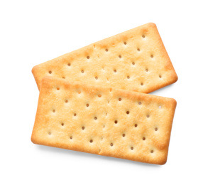 Photo of Delicious crispy crackers isolated on white, top view