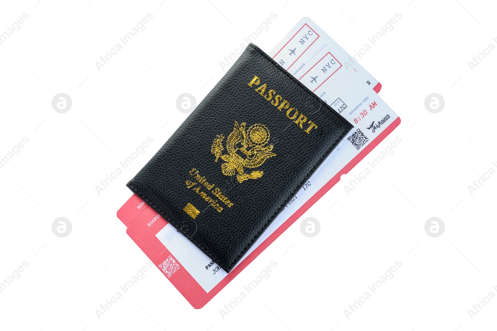 Photo of Passport and tickets isolated on white, top view. Travel agency concept