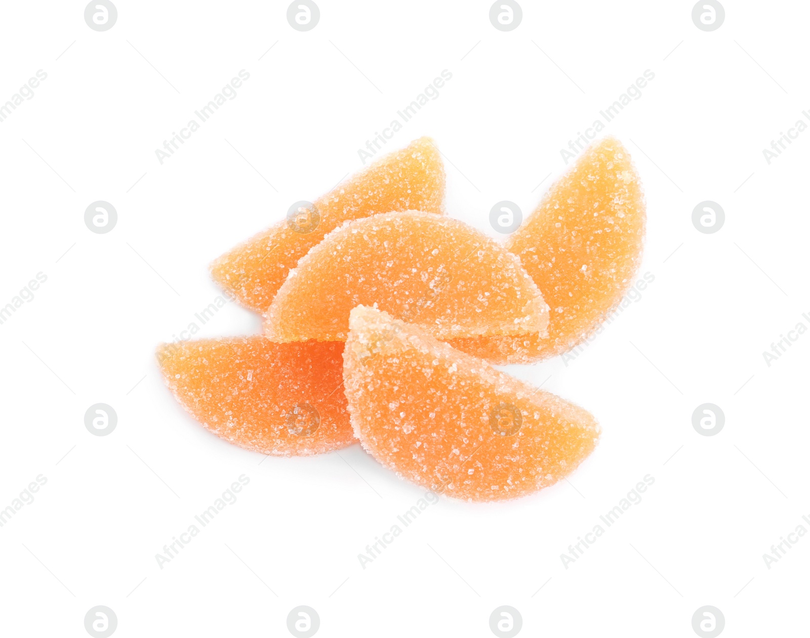 Photo of Sweet orange jelly candies on white background, top view