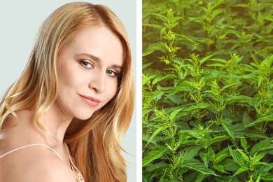 Natural hair care. Beautiful young woman and green stinging nettles, collage