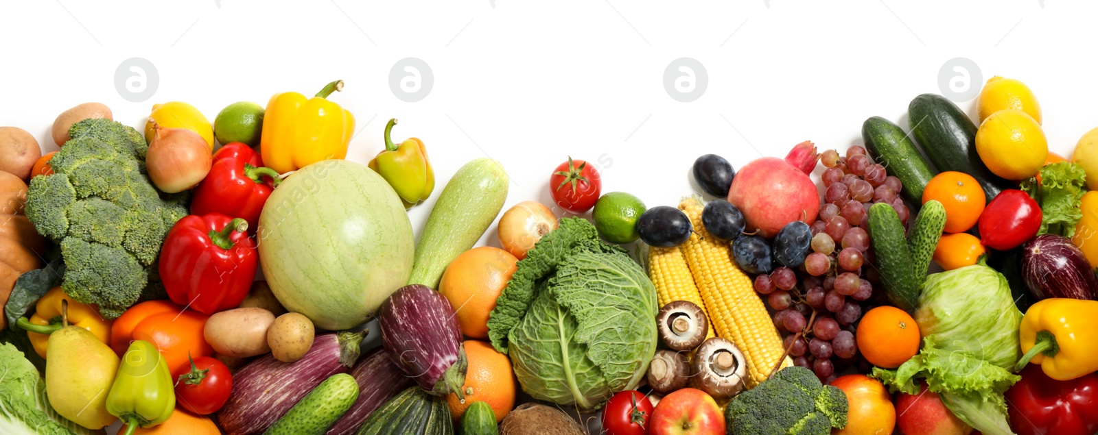 Photo of Assortment of fresh organic fruits and vegetables on white background, top view