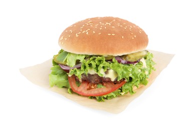 Delicious burger with beef patty and lettuce isolated on white