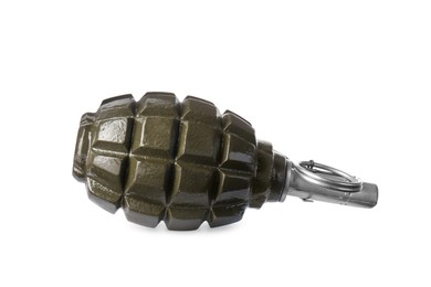 Photo of Hand grenade isolated on white background. Explosive weapon