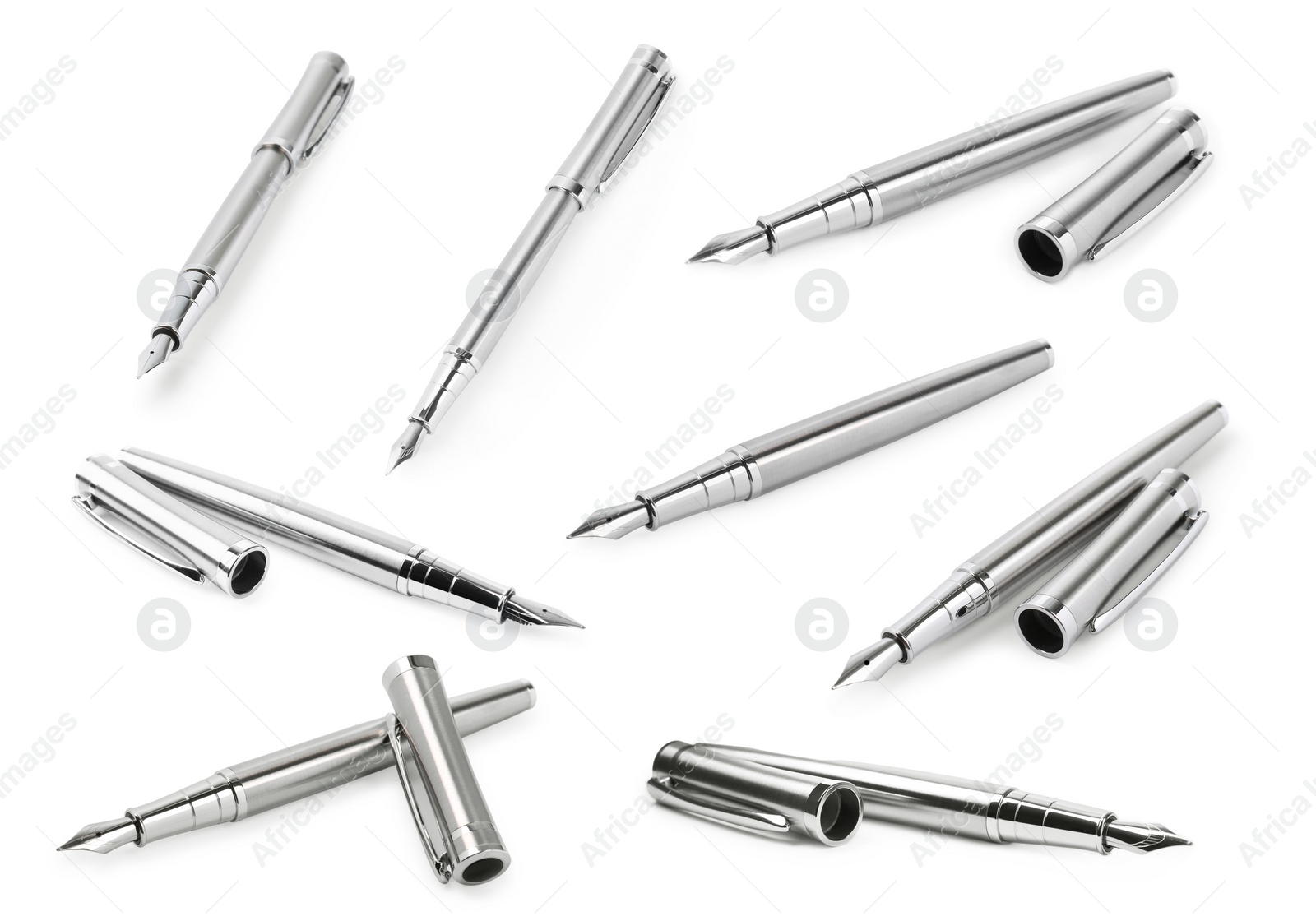 Image of Collage with fountain pens on white background