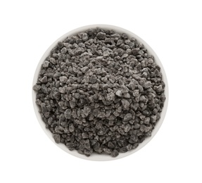 Black salt in bowl isolated on white, top view