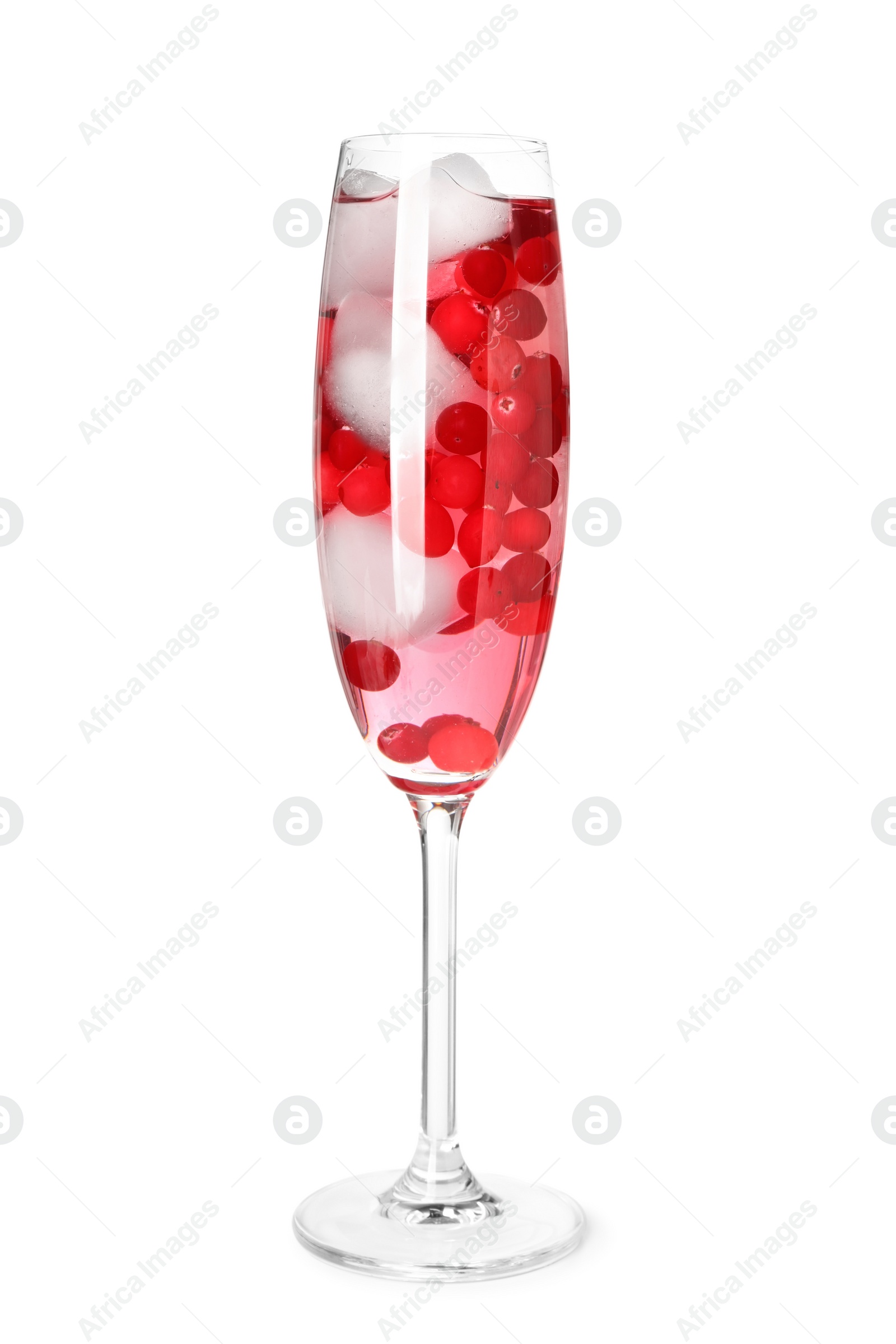 Photo of Tasty cranberry cocktail with ice cubes in glass isolated on white