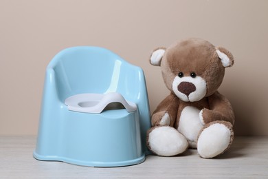 Light blue baby potty and teddy bear near brown wall. Toilet training