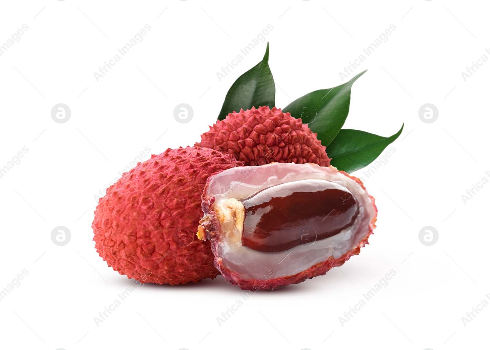 Image of Fresh lychees and green leaves isolated on white