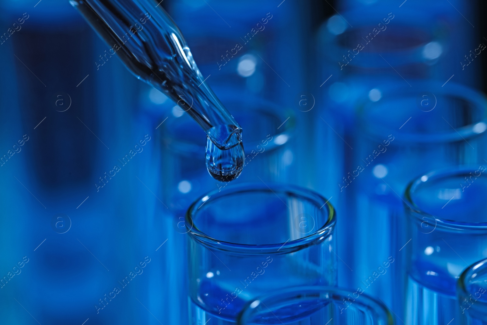 Photo of Dripping reagent into test tube on blurred background, closeup. Laboratory analysis