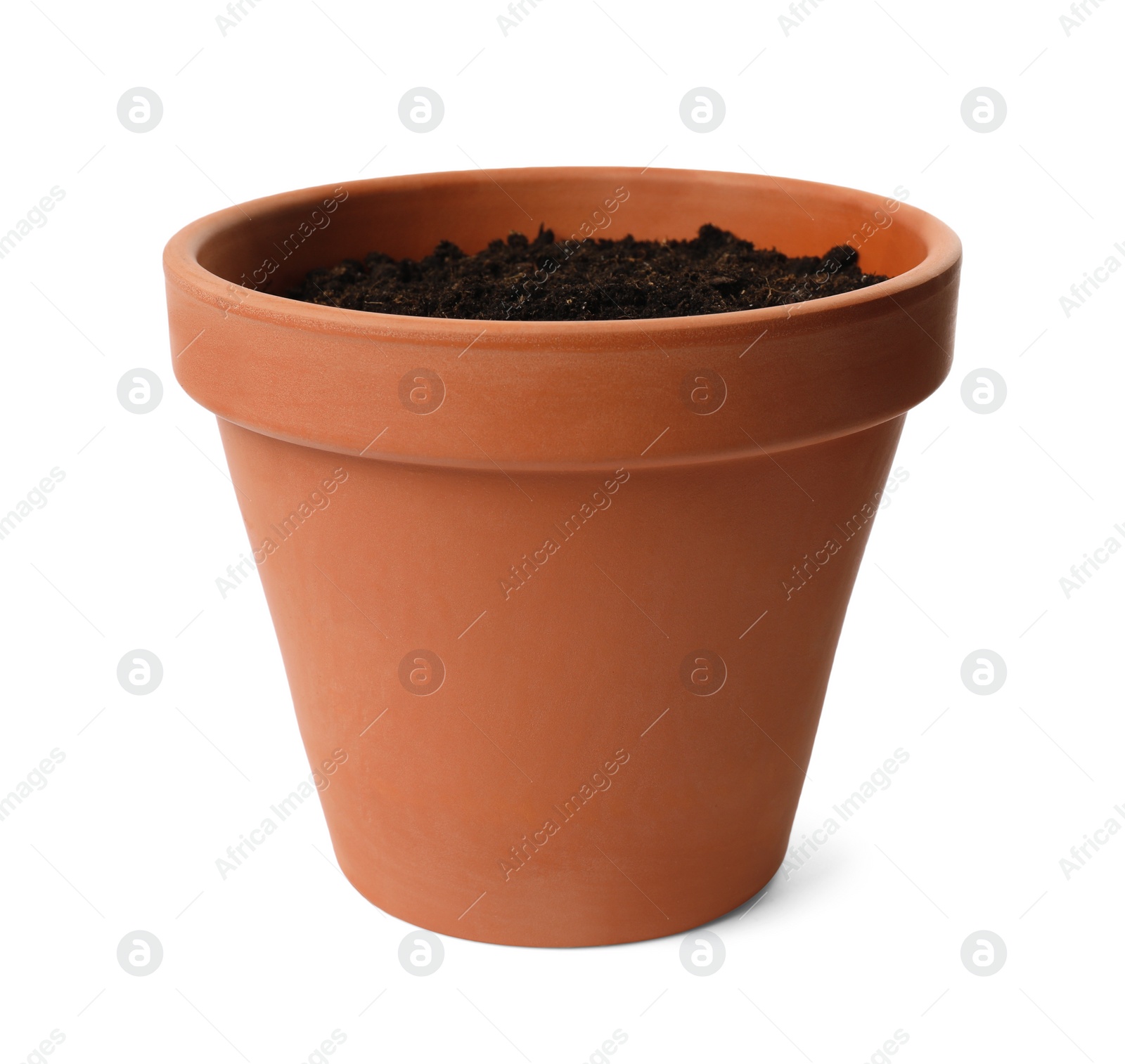 Photo of Clay flower pot with soil isolated on white