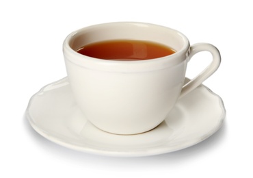 Photo of Ceramic cup of hot aromatic tea on white background