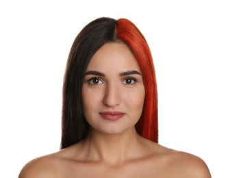 Beautiful young woman before and after hair dyeing on white background