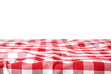 Photo of Table with red checkered cloth isolated on white