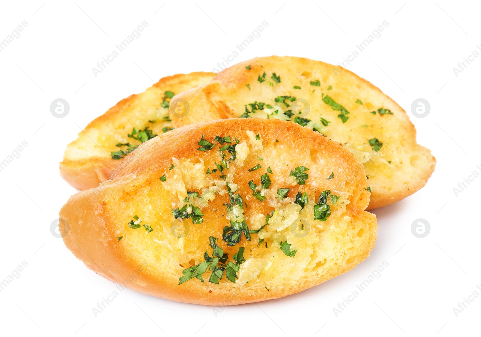 Photo of Slices of tasty garlic bread with herbs isolated on white