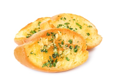 Photo of Slices of tasty garlic bread with herbs isolated on white