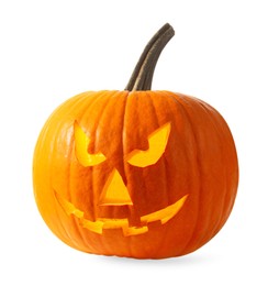 Photo of Scary jack o'lantern pumpkin isolated on white. Halloween decor