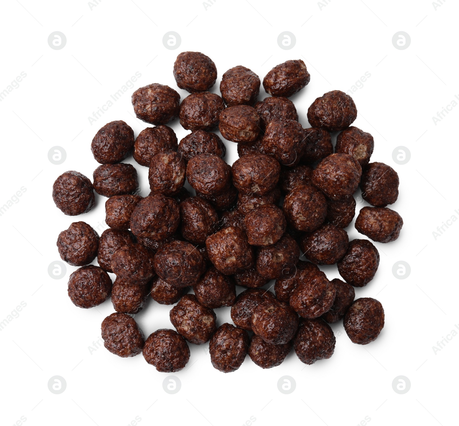 Photo of Tasty chocolate cereal balls isolated on white, top view