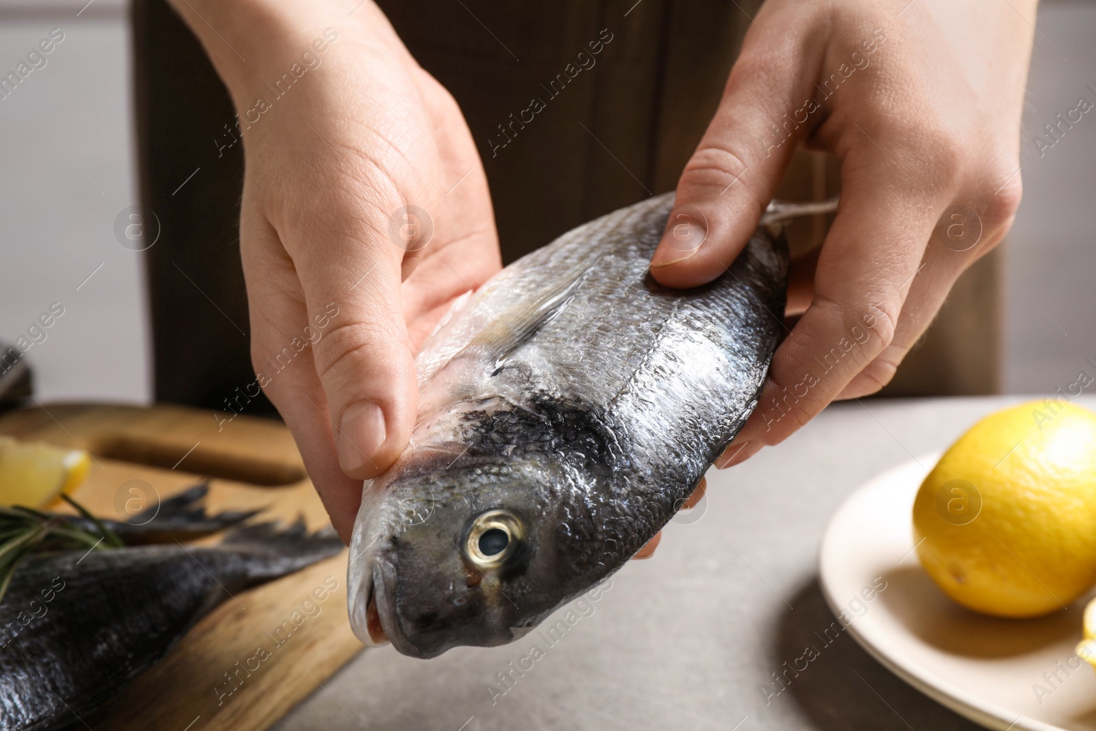 Photo of Woman holding dorada fish over grey table, closeup