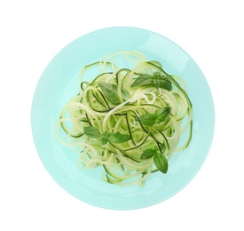 Photo of Tasty zucchini pasta with basil isolated on white, top view