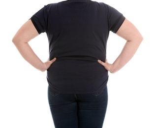 Overweight woman on white background, closeup. Weight loss