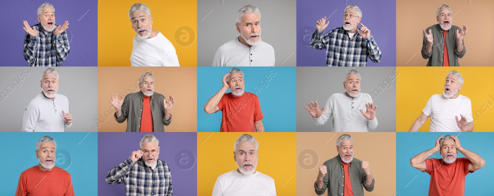 Image of Collage with photos of surprised man on different color backgrounds