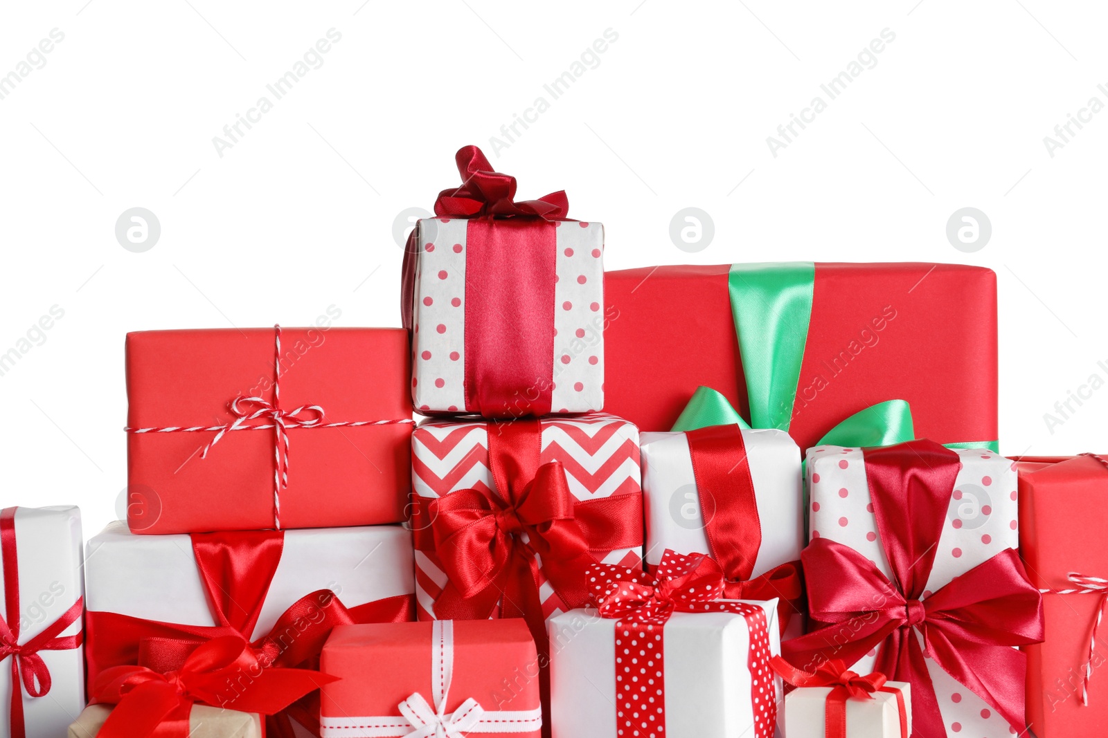 Photo of Beautifully wrapped gift boxes on white background