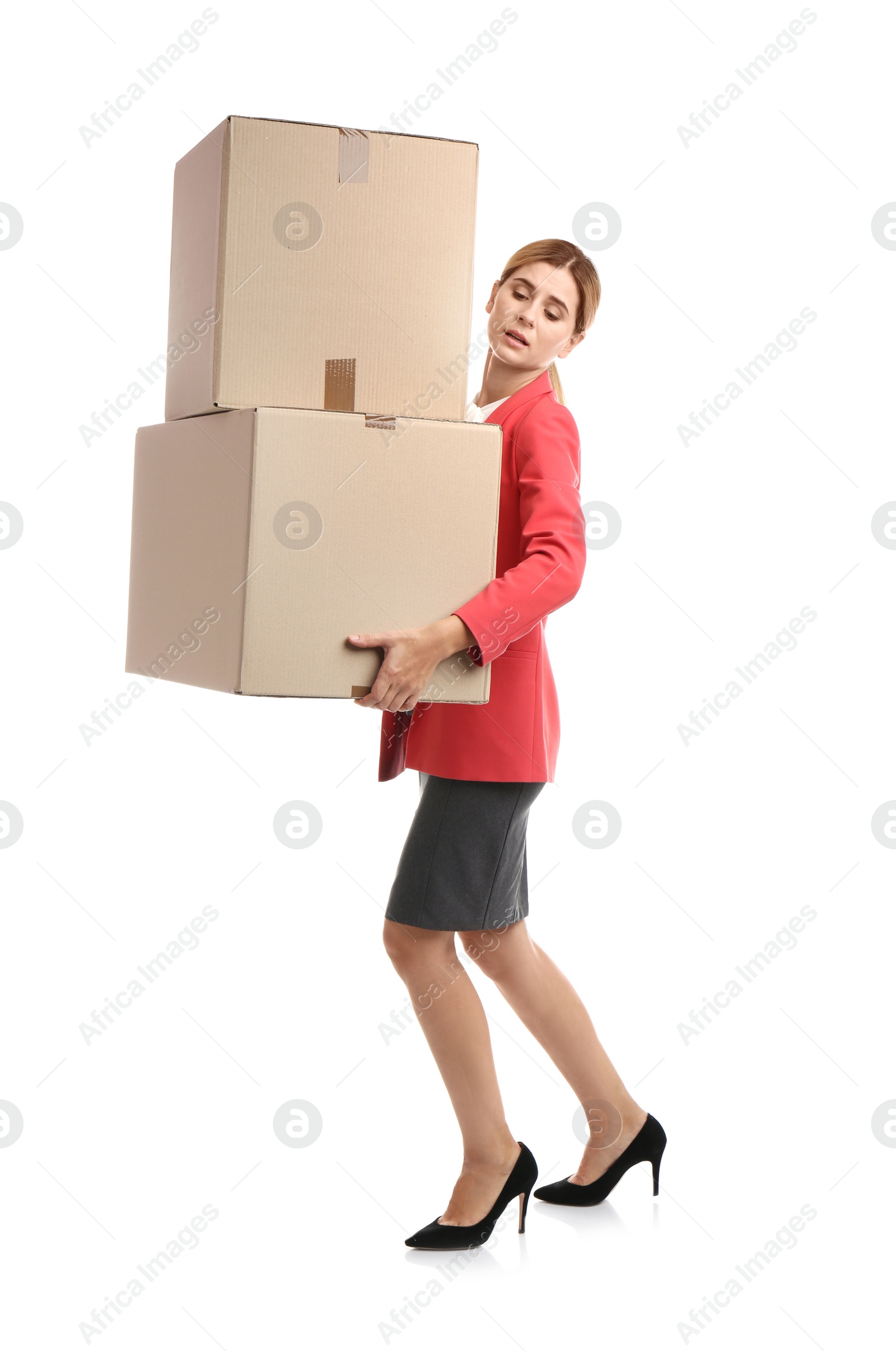 Photo of Full length portrait of woman carrying carton boxes on white background. Posture concept