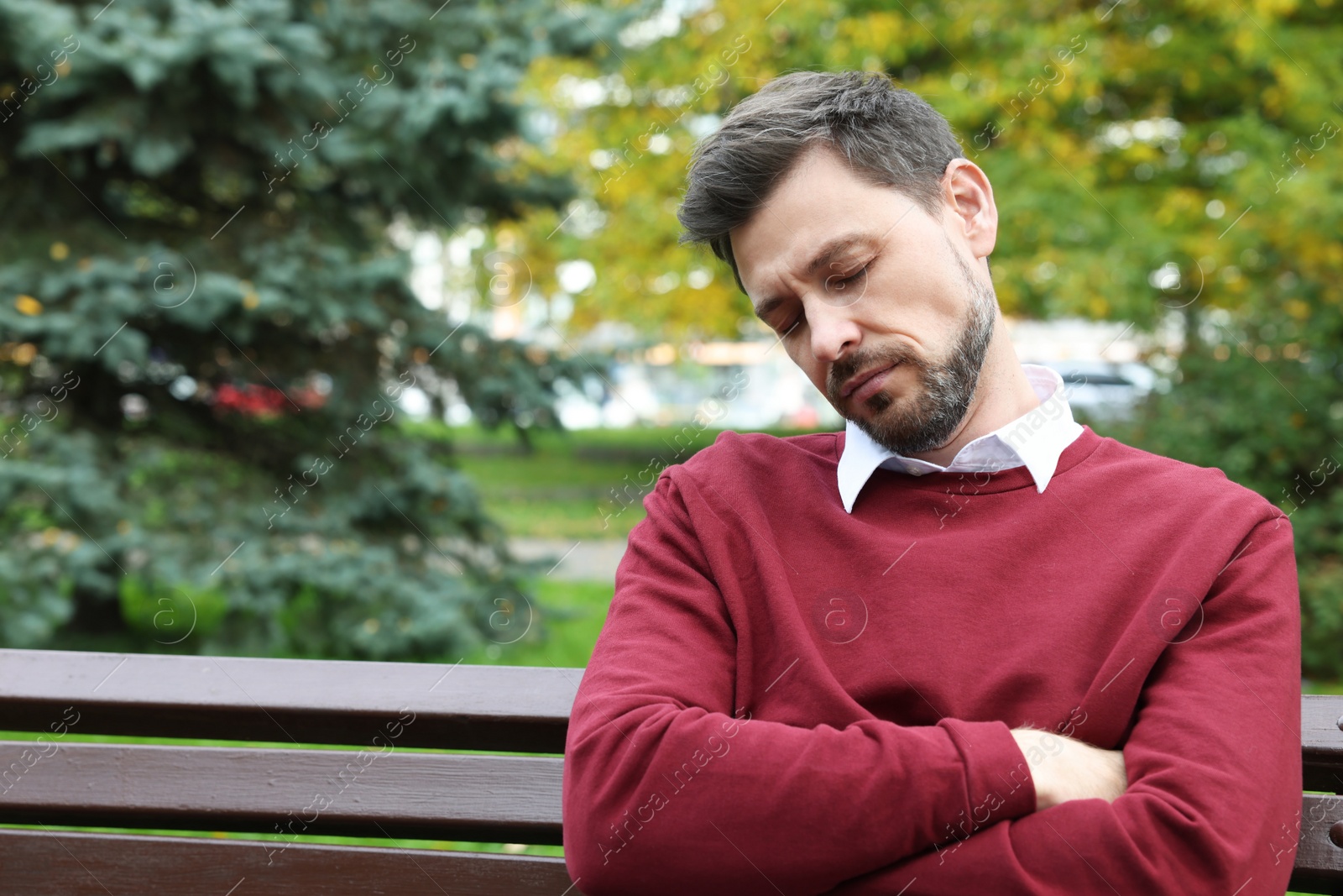 Photo of Tired man sleeping on bench in beautiful green park. Space for text