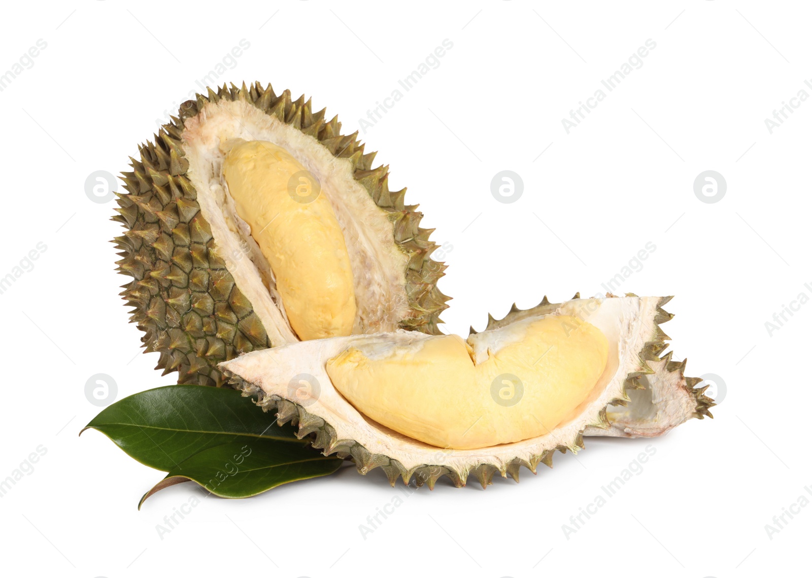 Photo of Fresh ripe durian with green leaves on white background. Tropical fruit