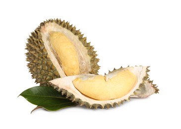 Fresh ripe durian with green leaves on white background. Tropical fruit