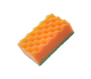 Photo of Orange cleaning sponge with abrasive green scourer isolated on white