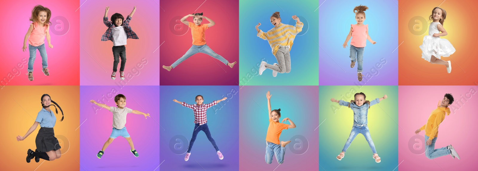 Image of Group of children jumping on color backgrounds, set of photos