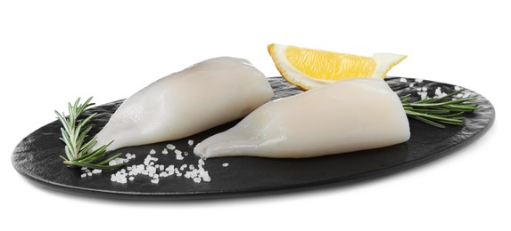 Fresh raw squid tubes with lemon, rosemary and salt on white background