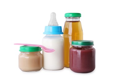 Photo of Healthy baby food, bottles with juice and milk on light grey background