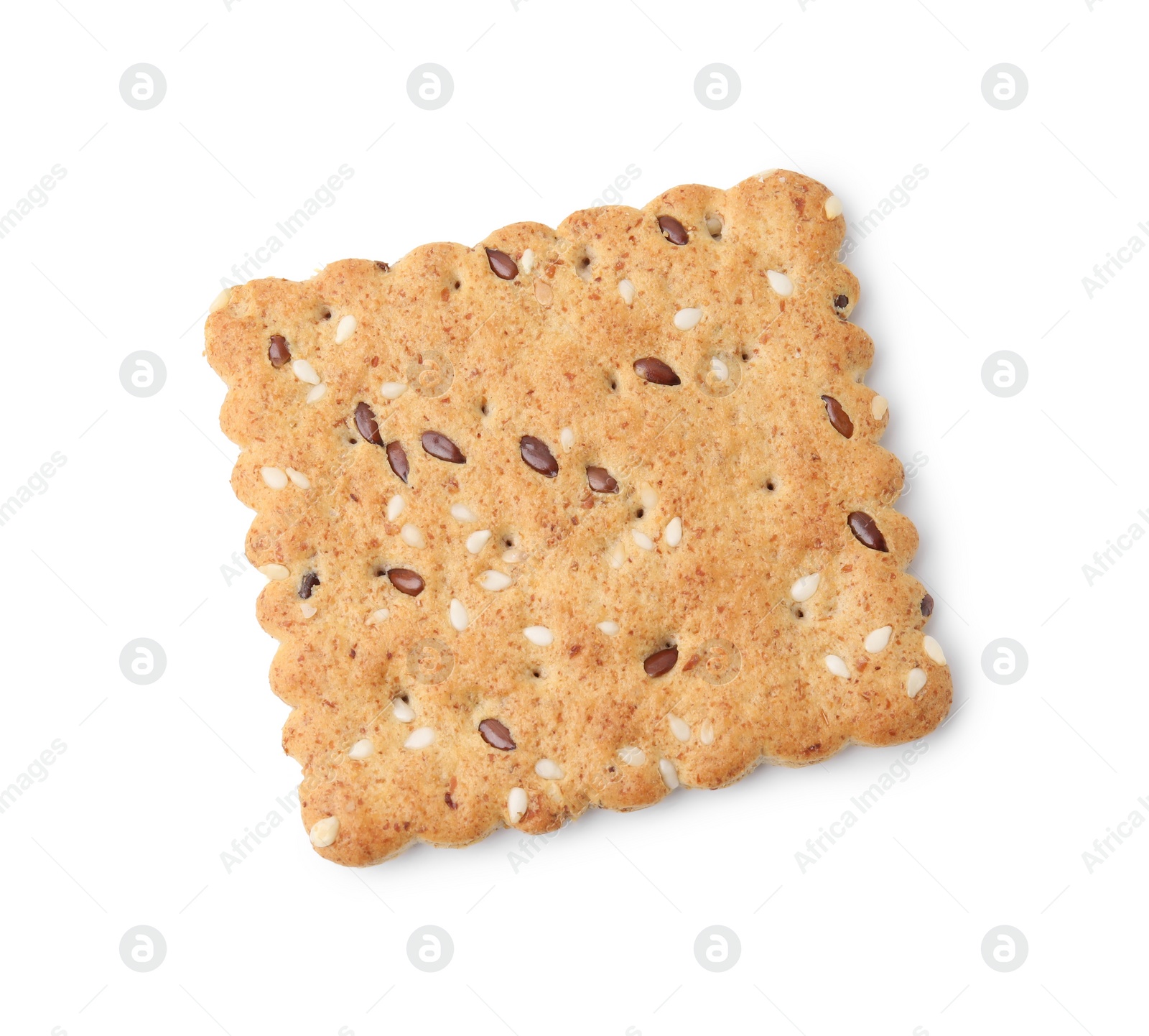 Photo of One cereal cracker with flax and sesame seeds isolated on white, top view