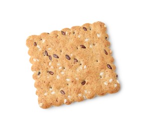 One cereal cracker with flax and sesame seeds isolated on white, top view