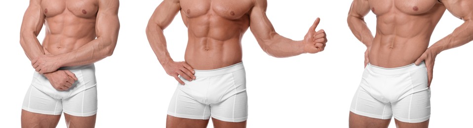 Man in stylish underwear on white background, set of closeup photos