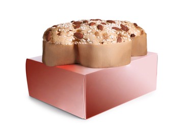 Cardboard box and delicious Italian Easter dove cake (Colomba di Pasqua) on white background