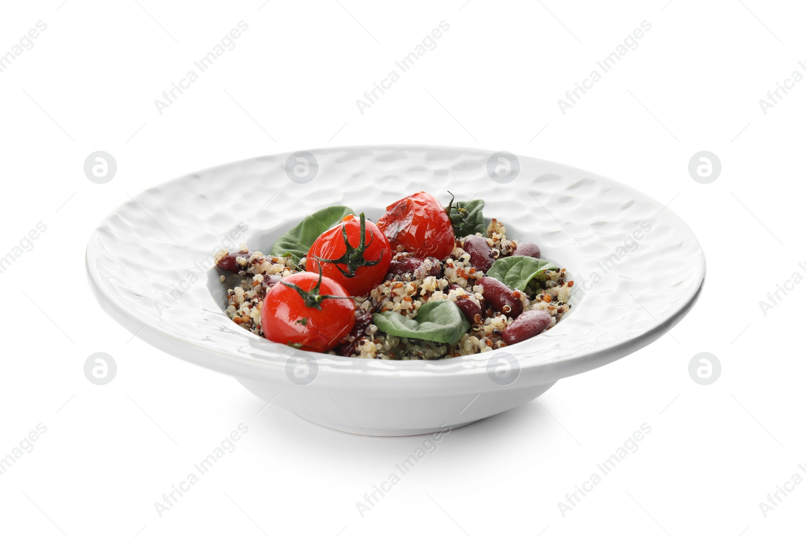 Photo of Plate of healthy quinoa salad with vegetables isolated on white