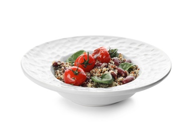 Photo of Plate of healthy quinoa salad with vegetables isolated on white