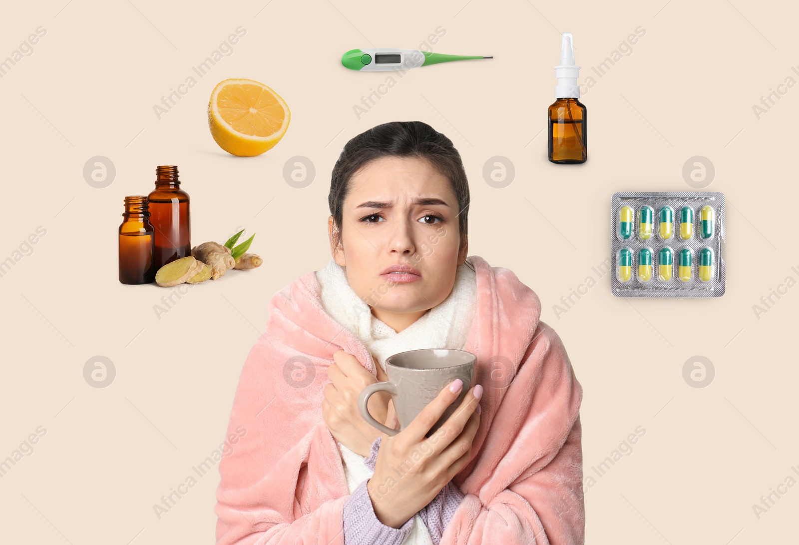 Image of SIck woman with cup of hot drink surrounded by different drugs and products for illness treatment on beige background