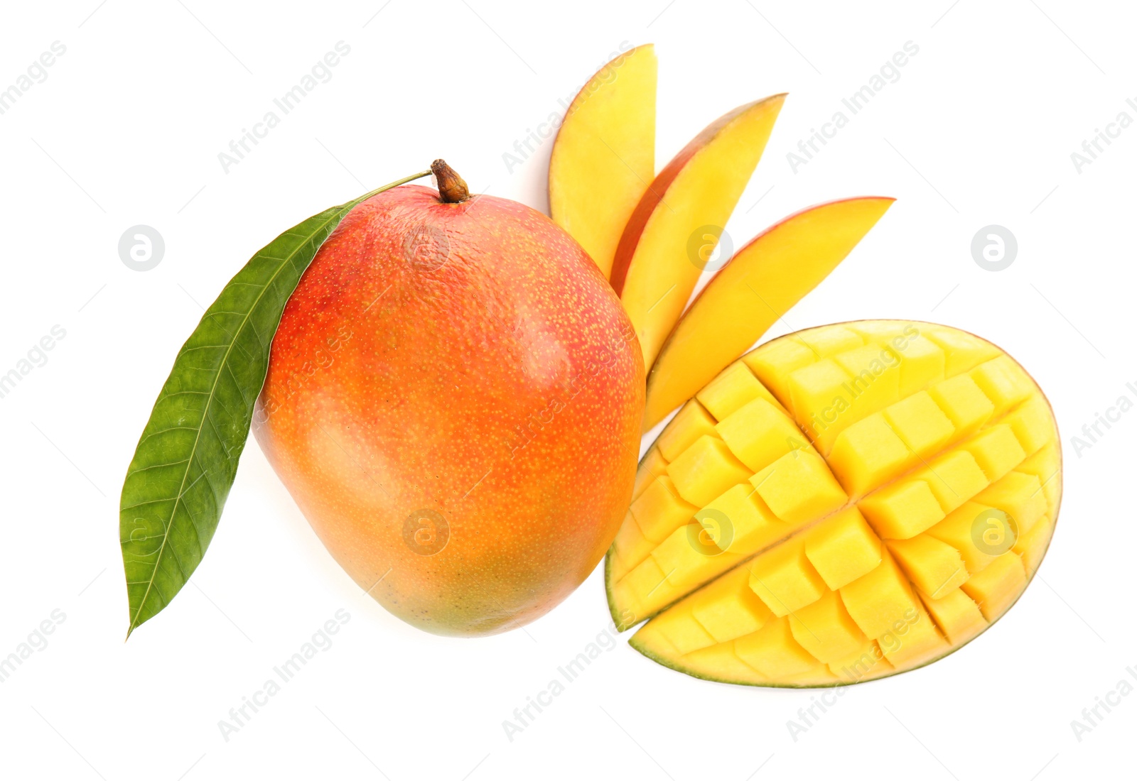 Photo of Delicious ripe mangoes on white background, top view