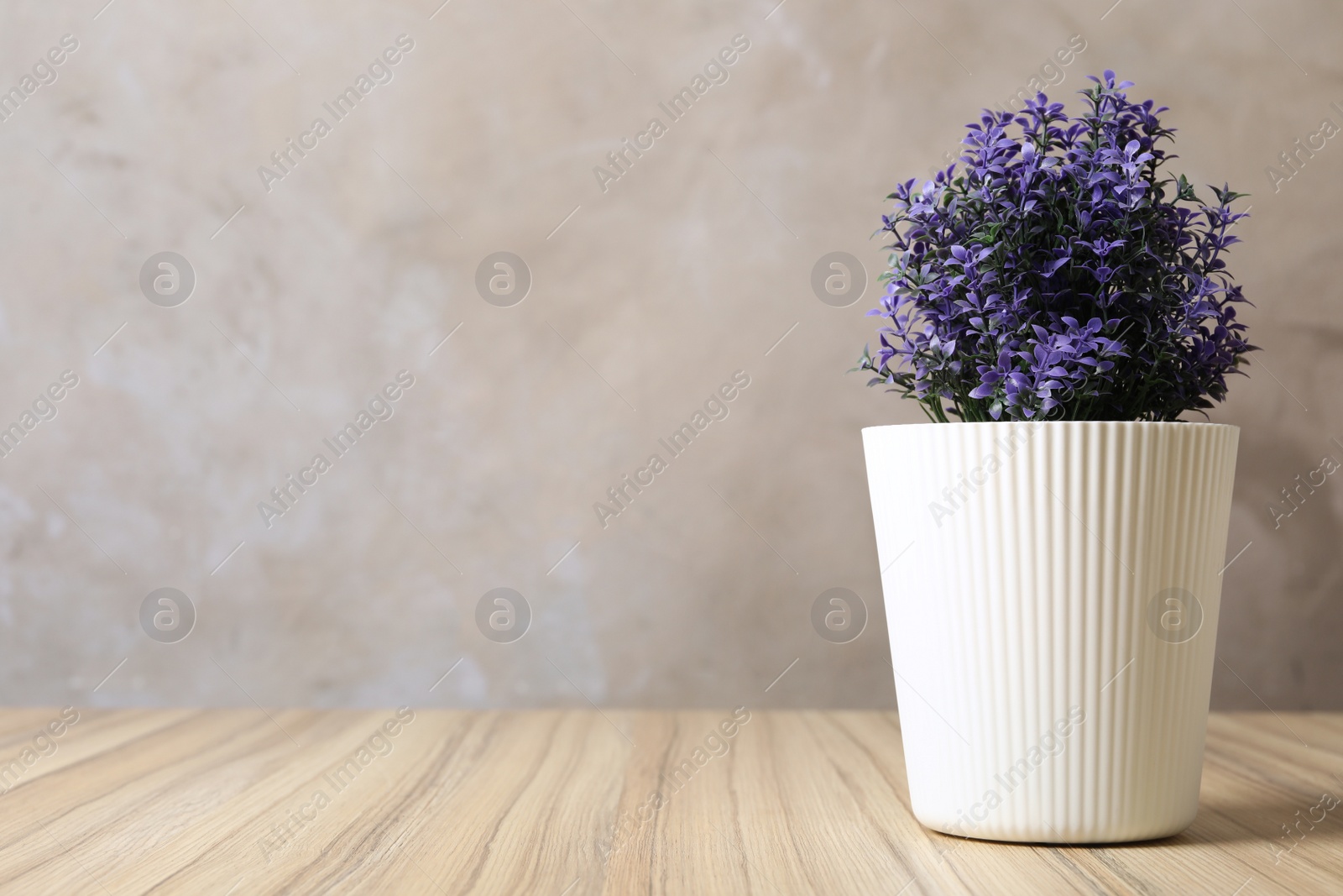 Photo of Beautiful artificial plant in flower pot on wooden table against grey background. Space for text